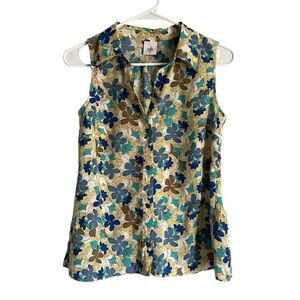 CABI 5215 Women’s Floral Peplum Sleeveless Blouse Yellow Blue Sz XS